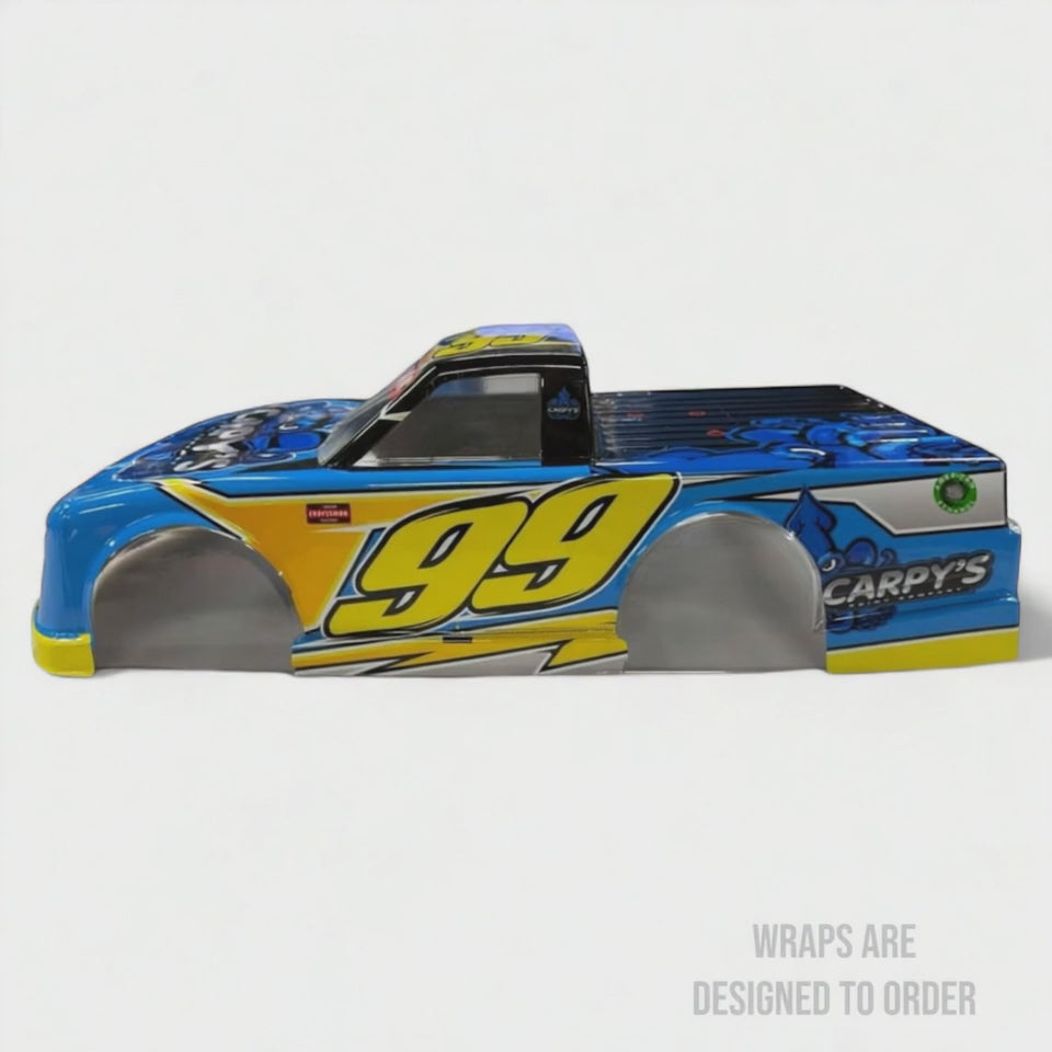 Rotating video of RC truck body wrap, number 99 and a white background