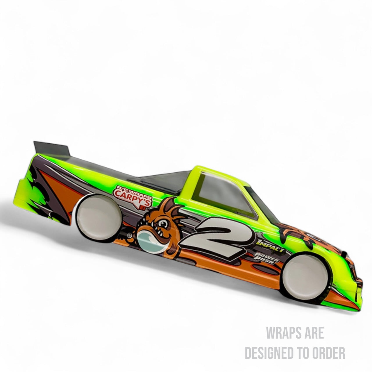 Colorful race car body with number 2 and cartoon character on a white background