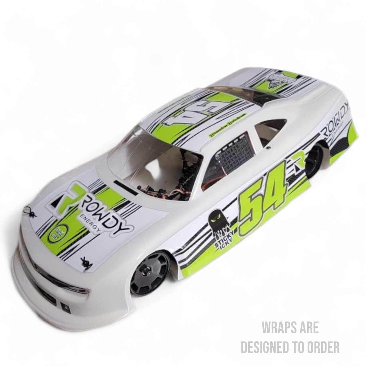 RC car with green and black 'Rowdy' branding on a white background