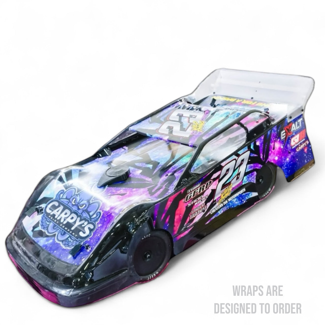 Colorful race car body with 'Carry's' branding on a white background
