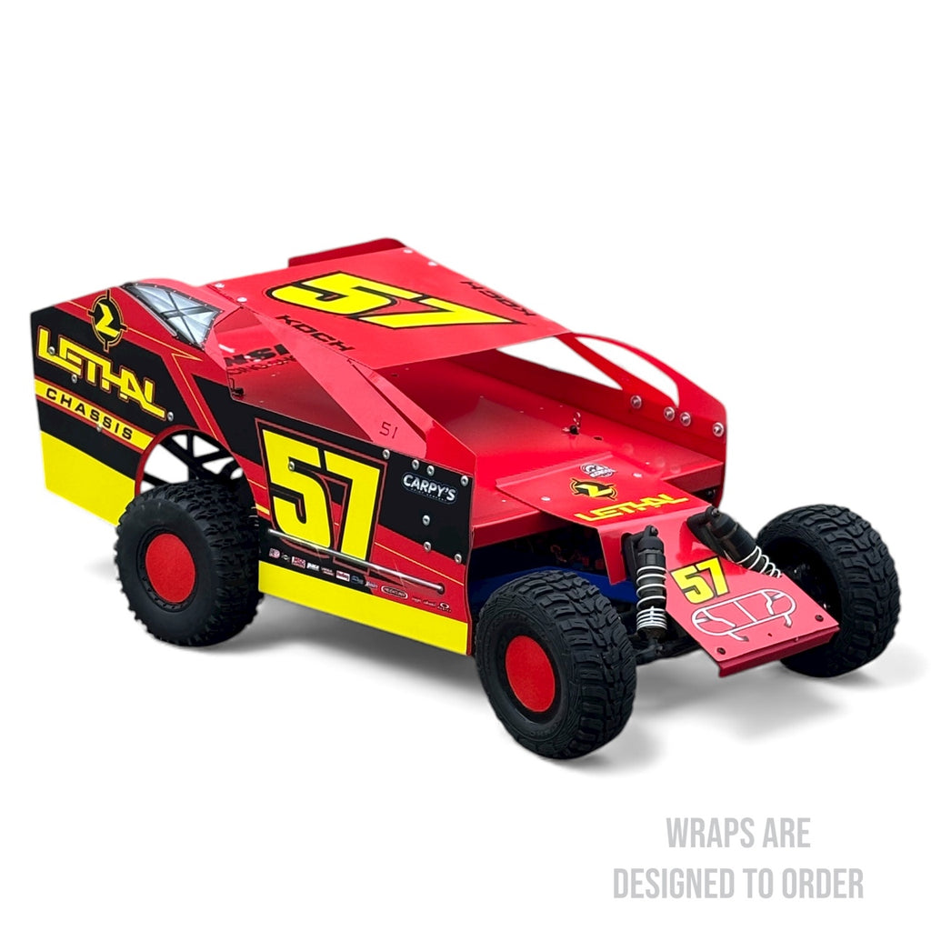 Red and yellow model car with number 57 on a white background