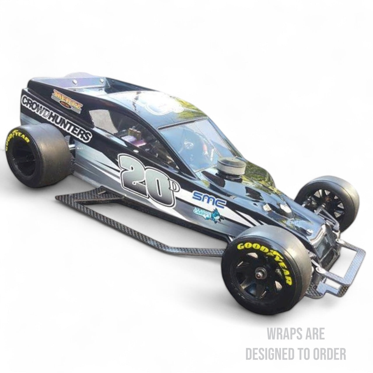  race car with various sponsor logos on a white background
