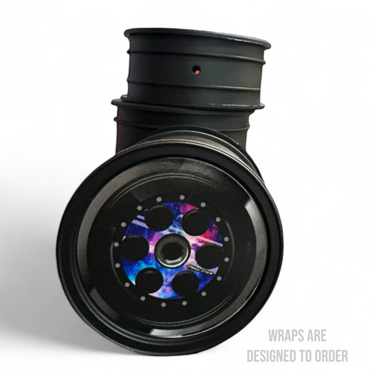 Black rim with colorful wheel design on a white background