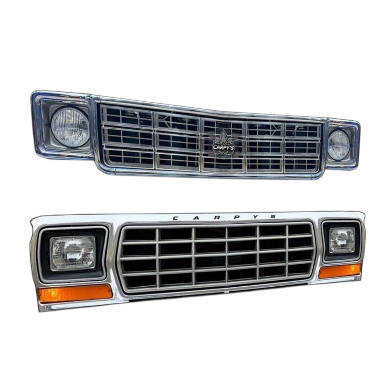 Two car grills with headlights on a white background